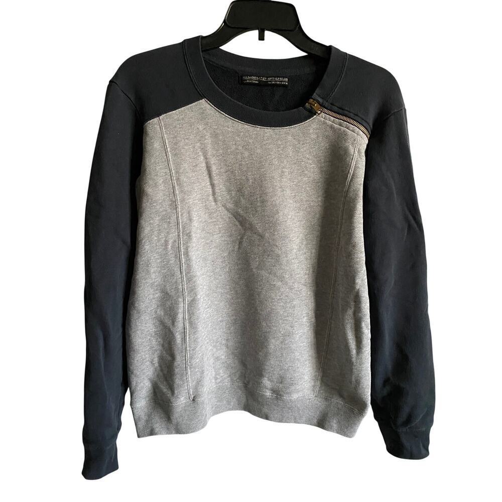 All Saints Block Zip Sweat Pullover Sweatshirt Cotton Gray & Blue Sz US 4